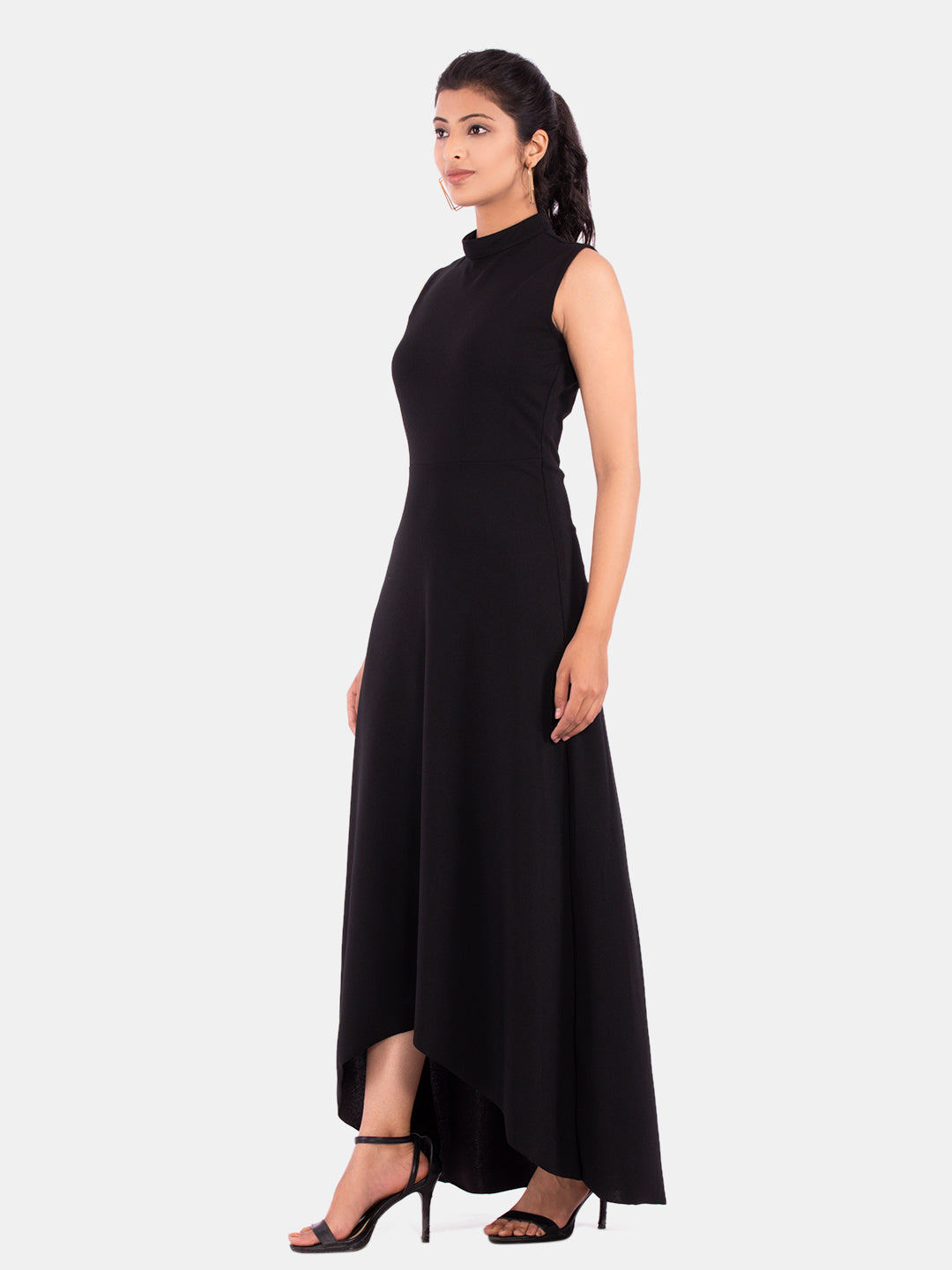 Golden Kite Women's Stretchable Polyester Collared Neck High Low Maxi Dress