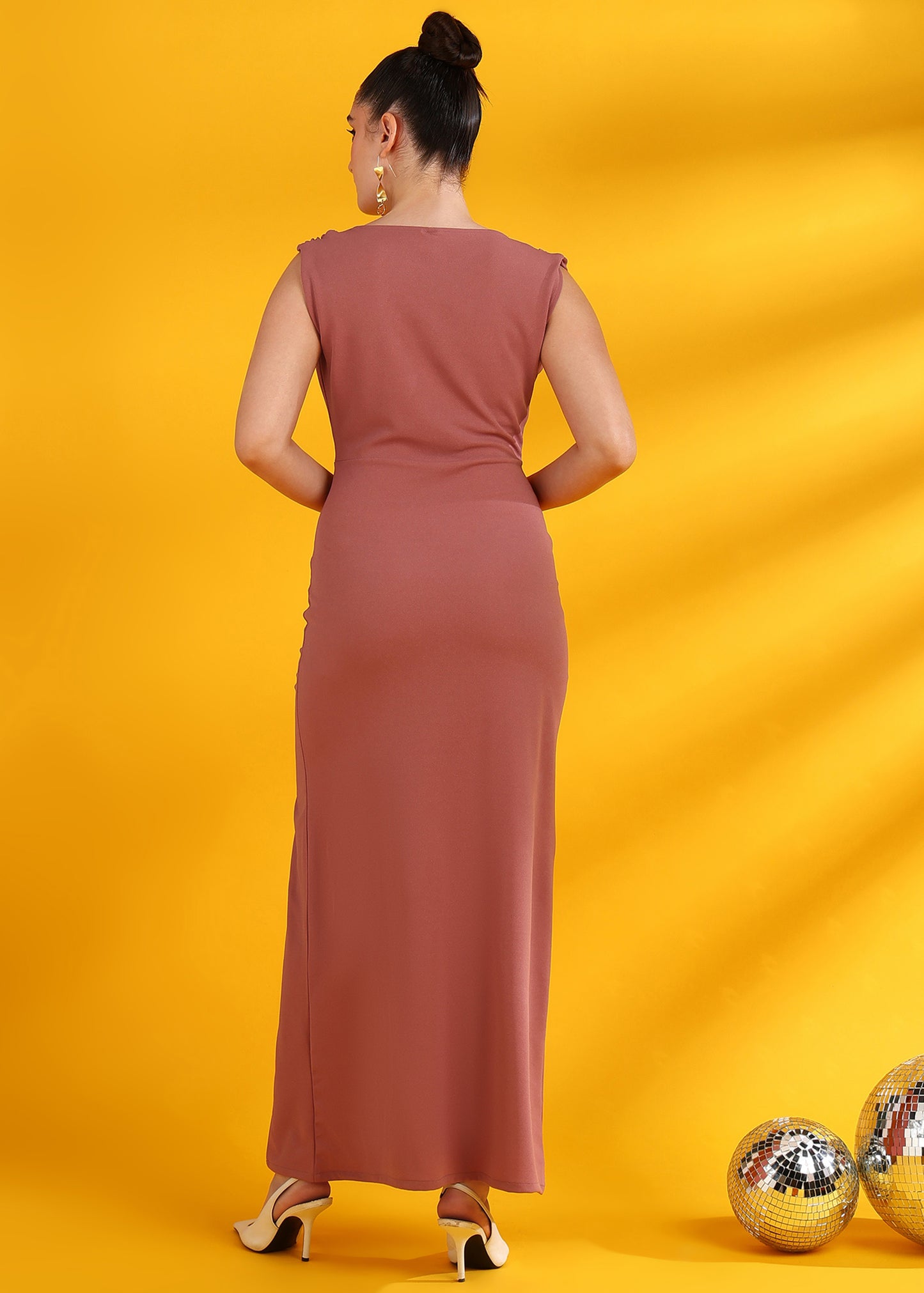 Golden Kite Pleated Shoulder Ruched Front Maxi Dress with Slit