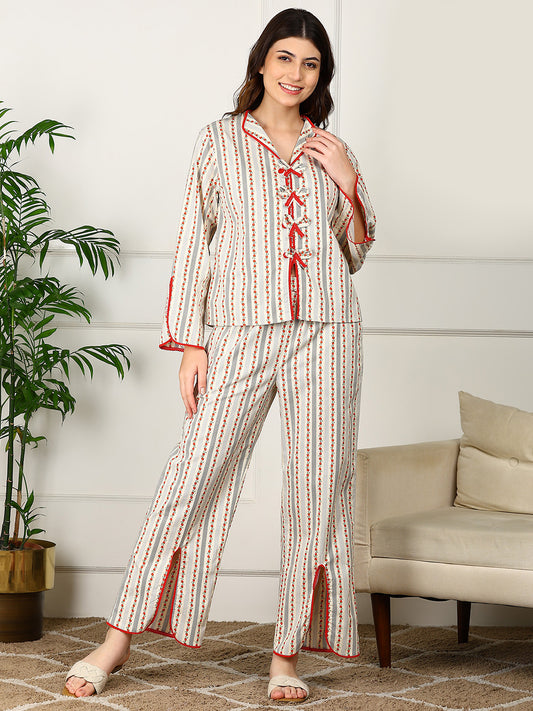 Golden Kite Women’s Cotton Heart Printed Night Suit with Contrast Piping Notch Collar, Piping & Pocket