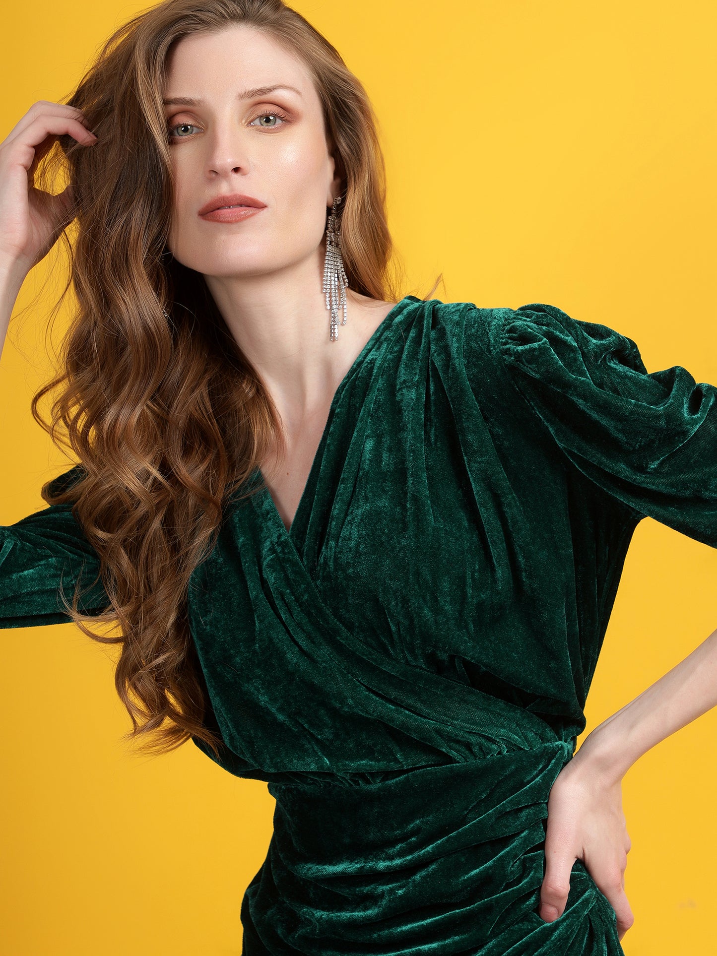 Golden Kite Black Solid Velvet Wrap ,Midi Puff sleeve Dress