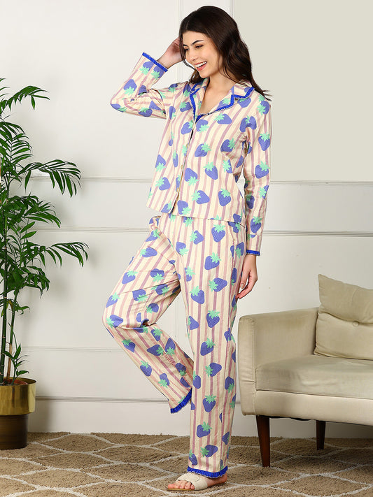 Golden Kite Women’s Cotton Stawberry Printed Night Suit with Notch Collar, Frill & Pocket