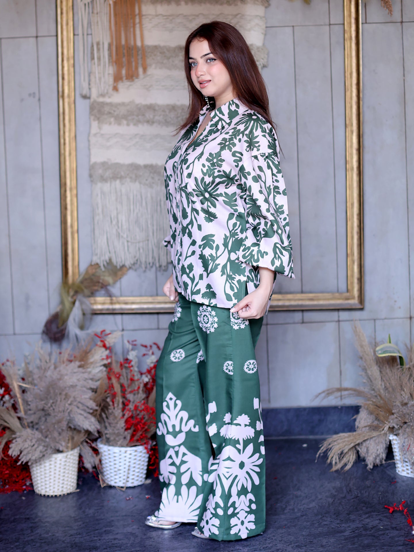 Golden Kite Women Beige & Green Floral Printed Co-Ord Set