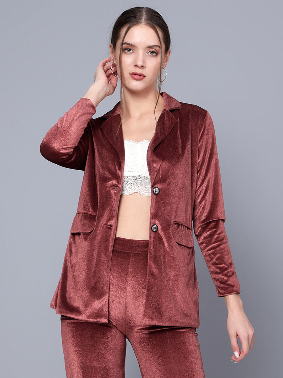 Golden Kite Black Solid Women Single-Breasted Velvet Blazer .