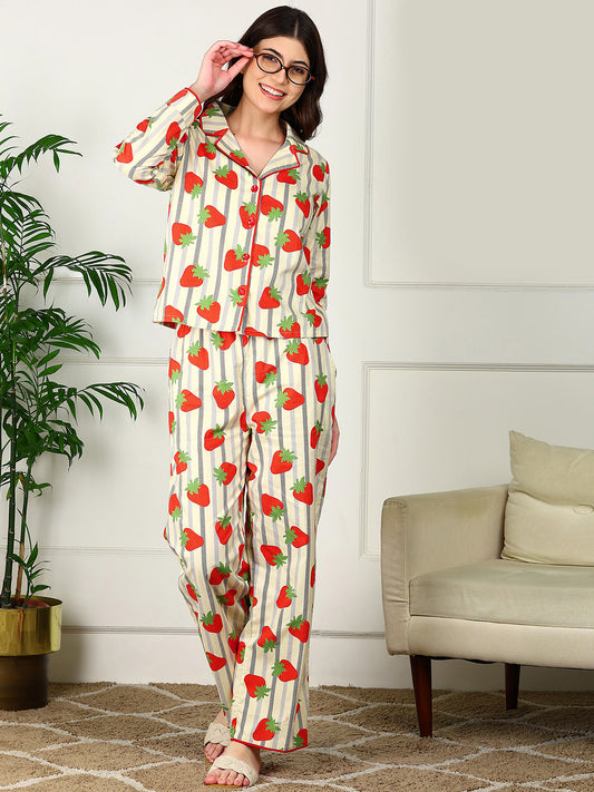 Golden Kite Women’s Cotton Stawberry Printed Night Suit with Notch Collar, Piping & Pocket