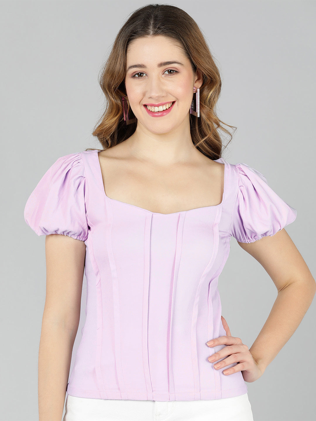 Golden Kite Lilac Solid Sweatheart Neck Top ,front corset , puffy sleeve ,Crafted in Viscose poly knit