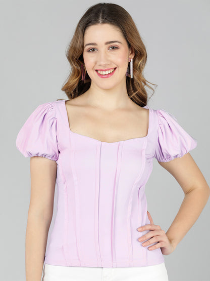 Golden Kite Lilac Solid Sweatheart Neck Top ,front corset , puffy sleeve ,Crafted in Viscose poly knit