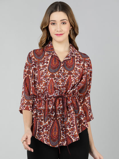 Golden Kite Burgundy Solid Lapel collar Longline shirt with assymetric hem and waist tieup for perfect fit, 3/4th sleeve