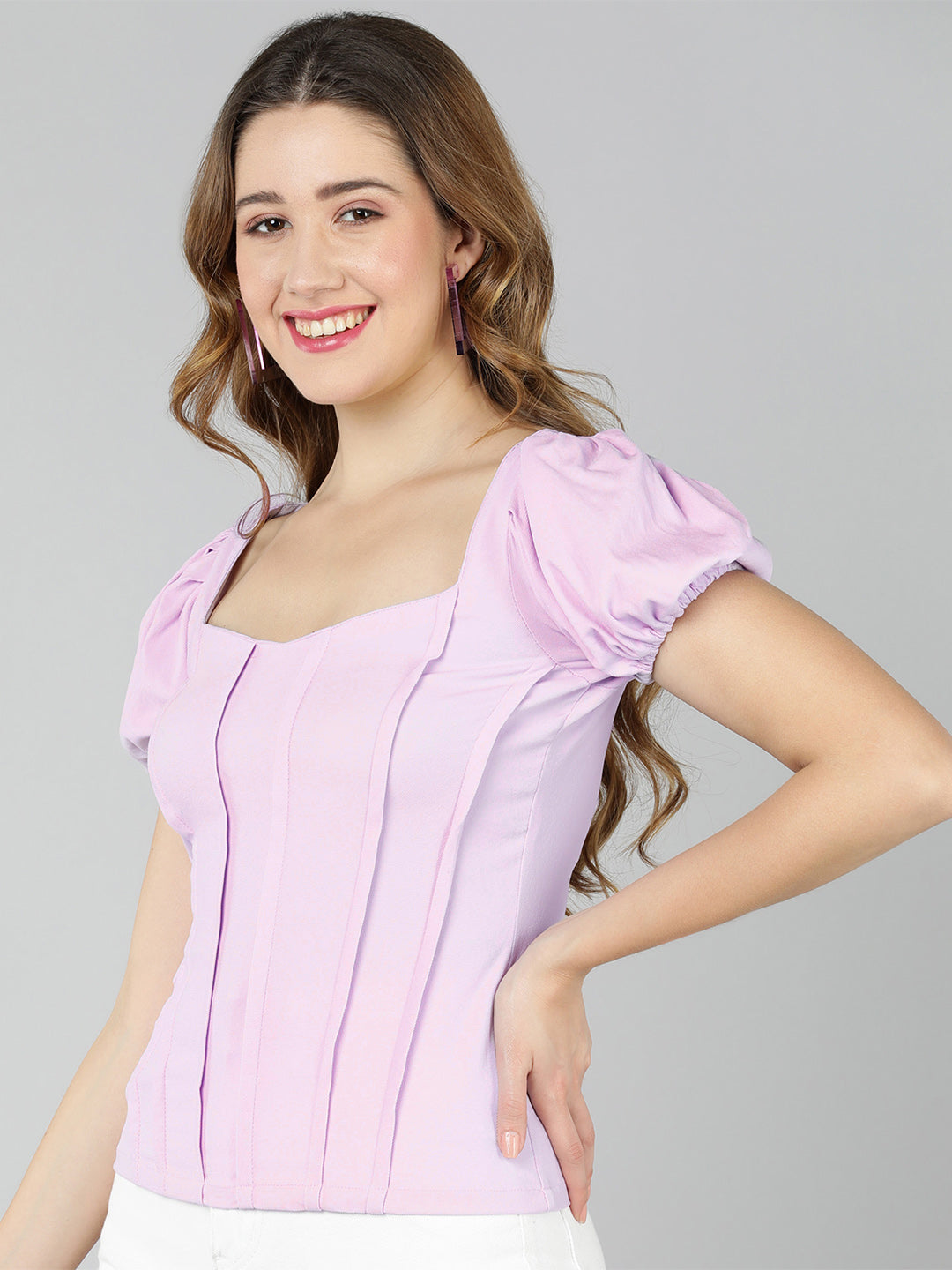 Golden Kite Lilac Solid Sweatheart Neck Top ,front corset , puffy sleeve ,Crafted in Viscose poly knit