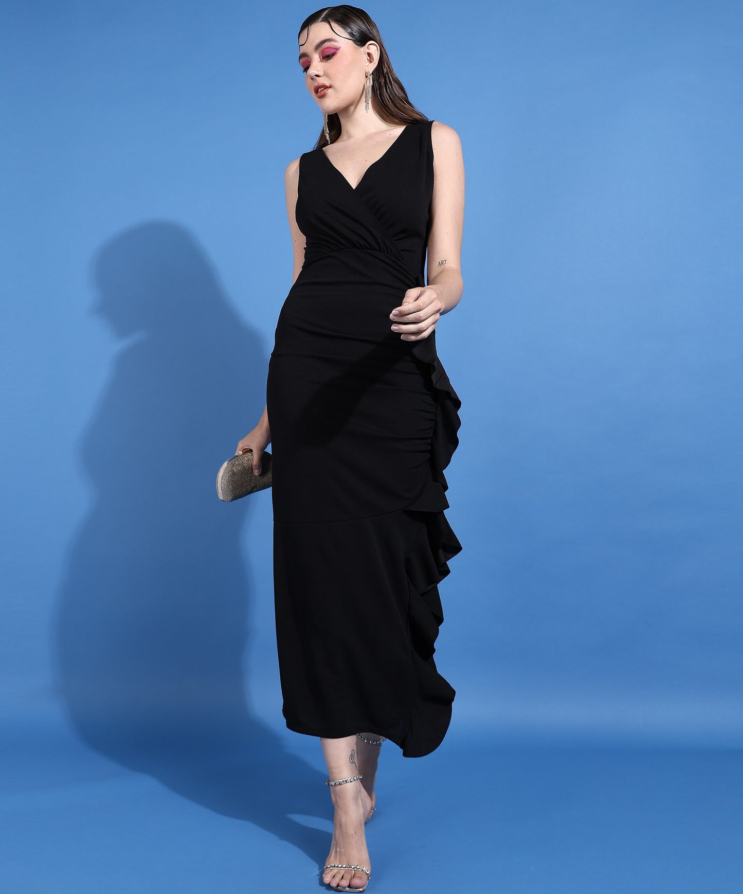 Golden Kite Black V-Neck Sleeveless ruffled Maxi Dress