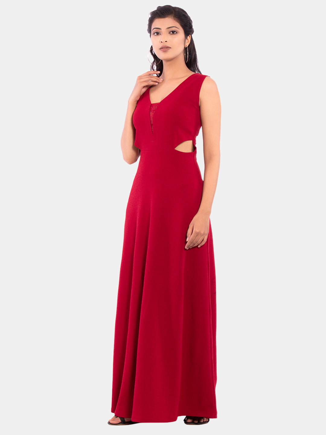 Golden Kite Women's Stretchable Polyester V Neck Fit and Flare Maxi Dress