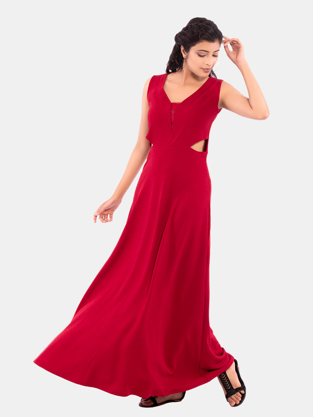 Golden Kite Women's Stretchable Polyester V Neck Fit and Flare Maxi Dress