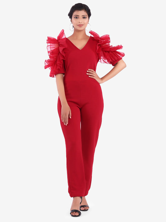 Golden Kite V-Neck Frill Sleeve Party Wear Jumpsuit