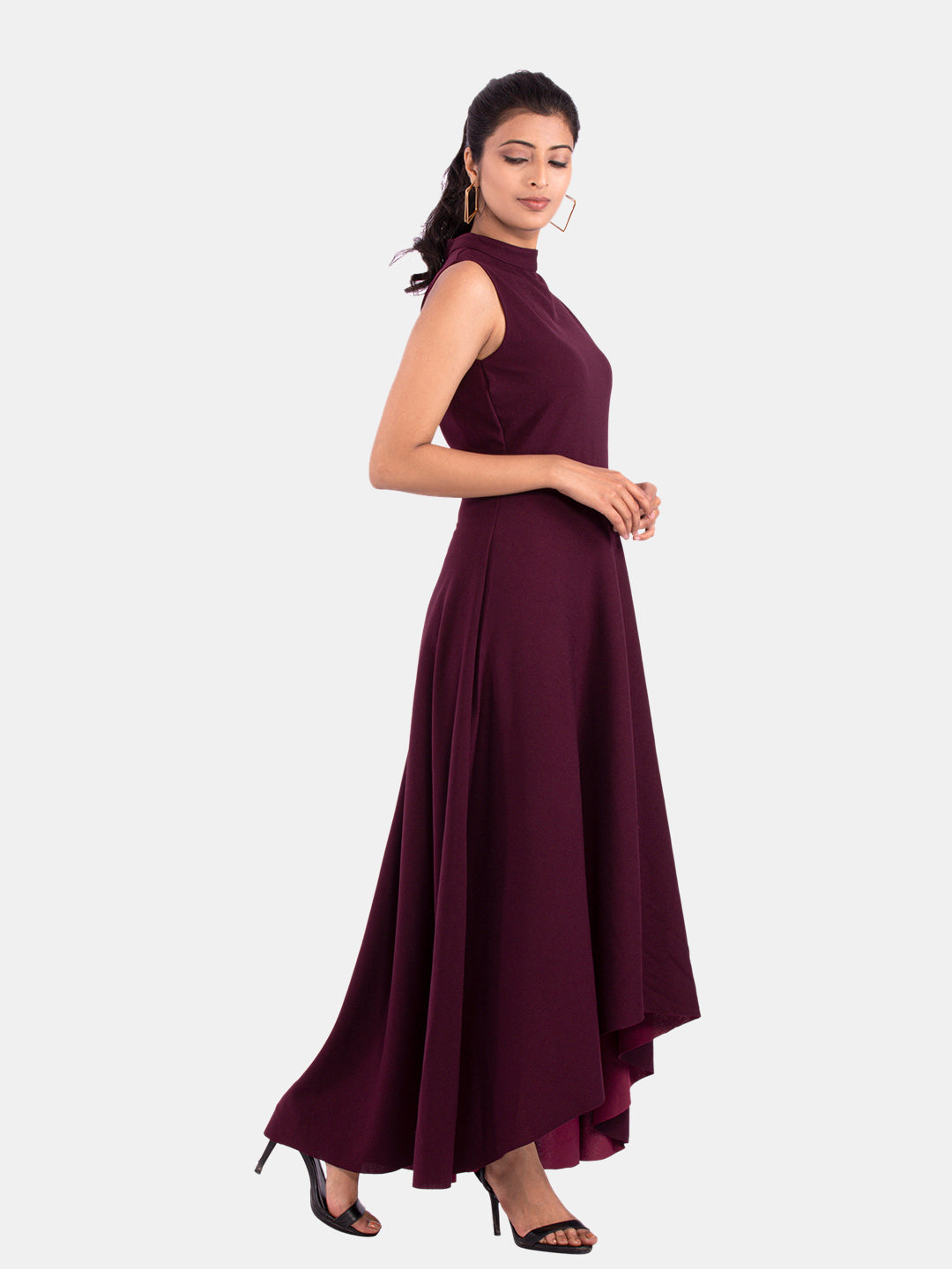 Golden Kite Women's Stretchable Polyester Collared Neck High Low Maxi Dress