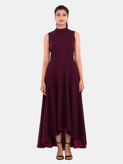 Golden Kite Women's Stretchable Polyester Collared Neck High Low Maxi Dress