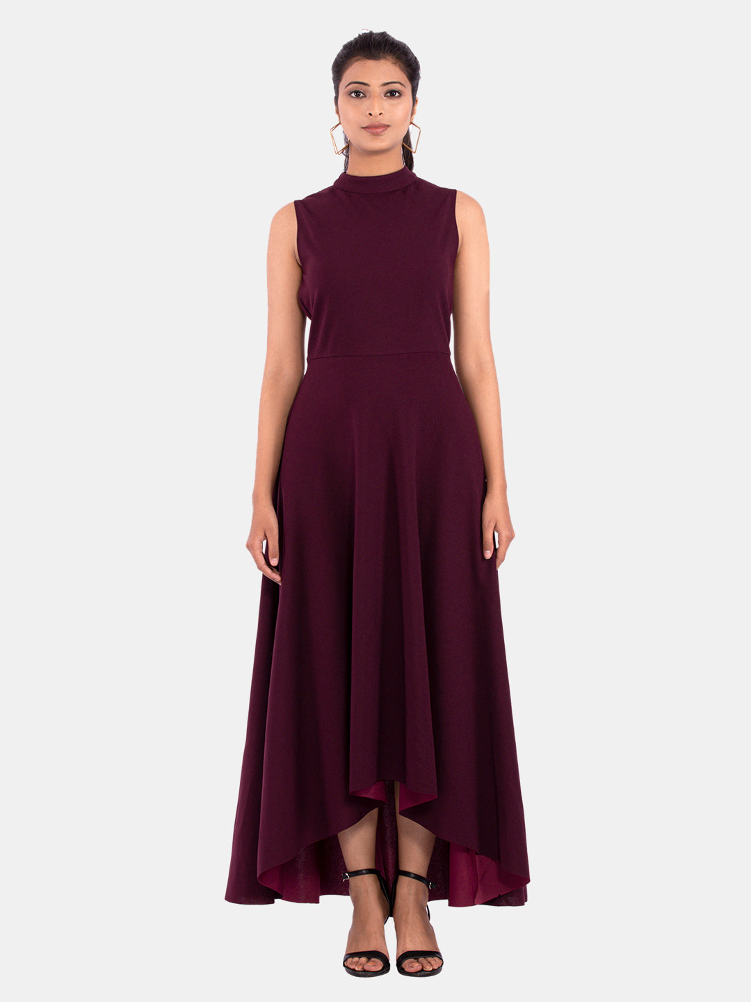 Golden Kite Women's Stretchable Polyester Collared Neck High Low Maxi Dress