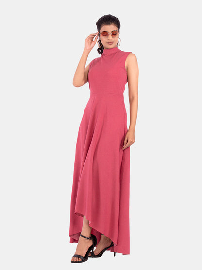 Golden Kite Women's Stretchable Polyester Collared Neck High Low Maxi Dress