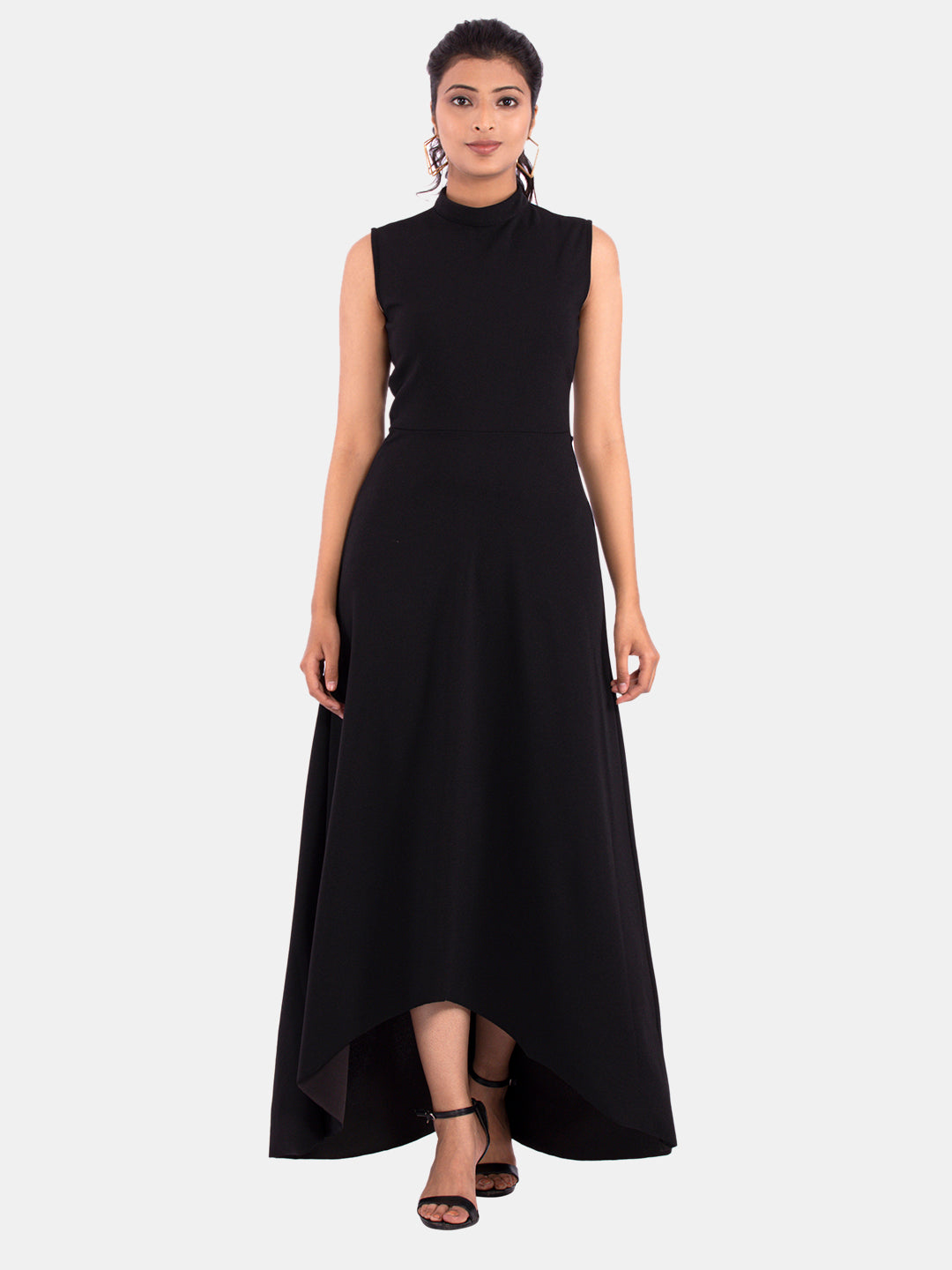 Golden Kite Women's Stretchable Polyester Collared Neck High Low Maxi Dress