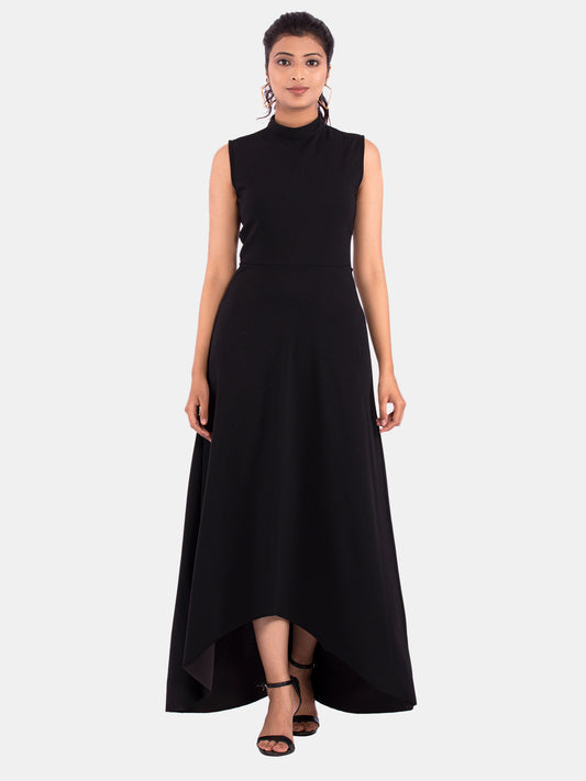 Golden Kite Women's Stretchable Polyester Collared Neck High Low Maxi Dress