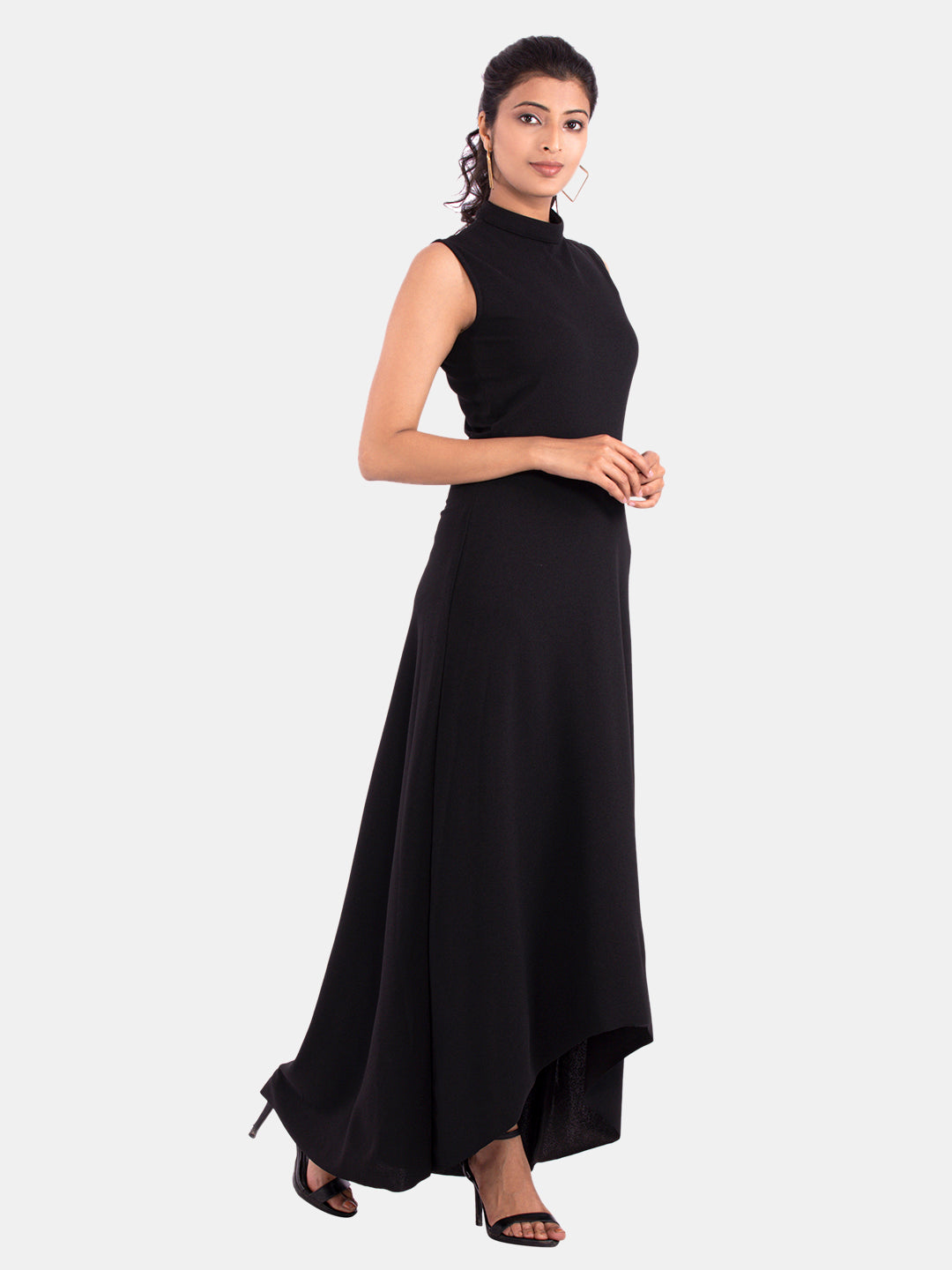 Golden Kite Women's Stretchable Polyester Collared Neck High Low Maxi Dress