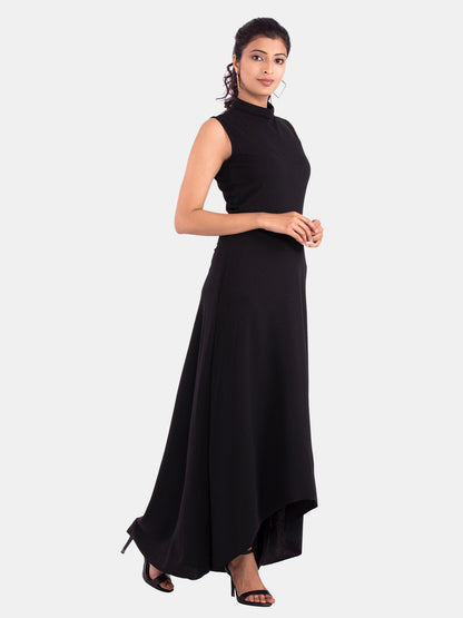 Golden Kite Women's Stretchable Polyester Collared Neck High Low Maxi Dress