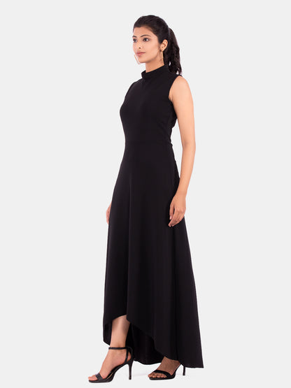 Golden Kite Women's Stretchable Polyester Collared Neck High Low Maxi Dress