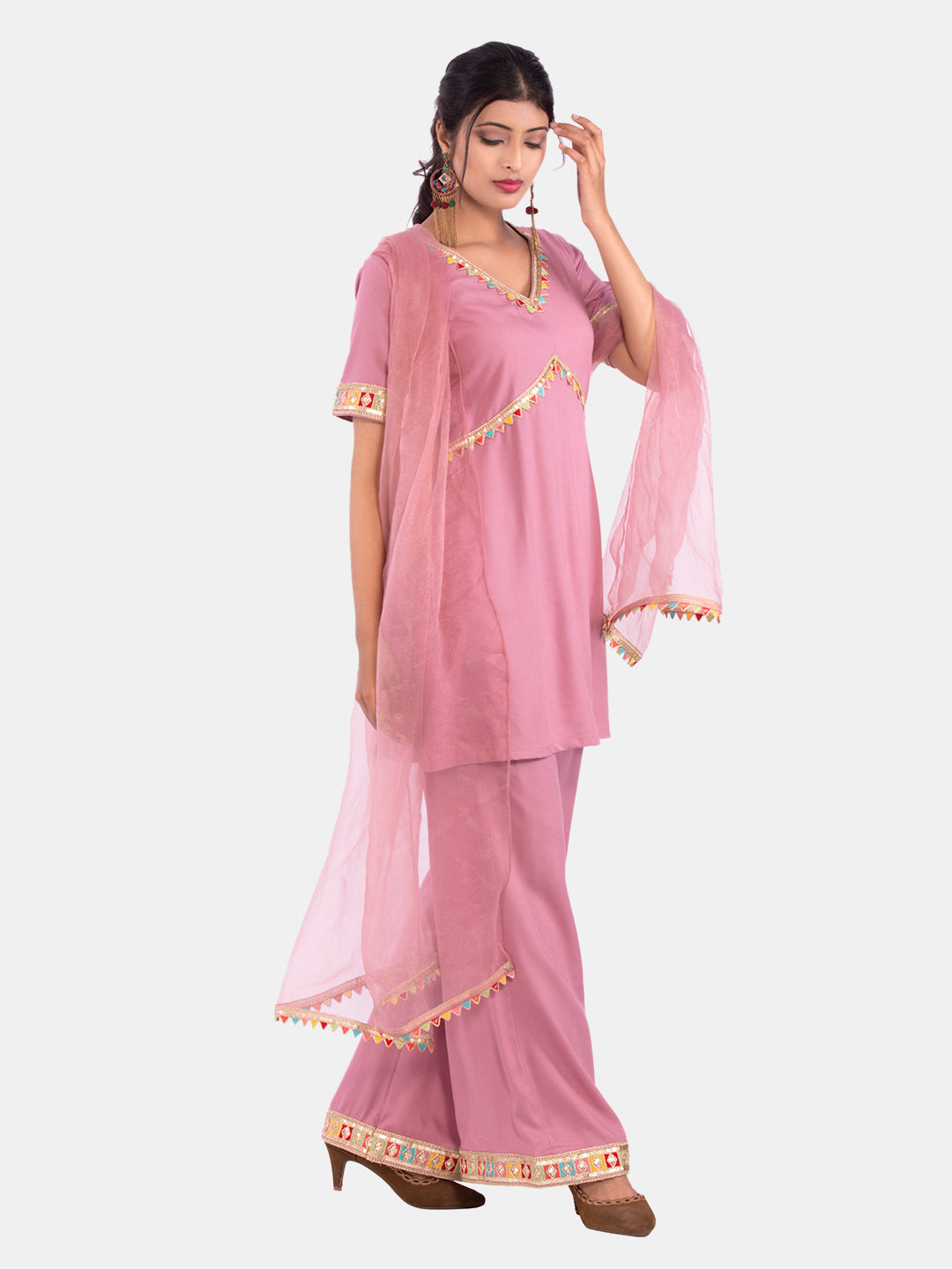 Golden kite Women's Rayon Solid Key Hole Neck Full Length Kurti Palazao and Dupatta Set With Embellished Lace Detail