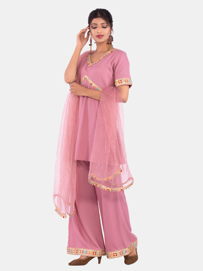 Golden kite Women's Rayon Solid Key Hole Neck Full Length Kurti Palazao and Dupatta Set With Embellished Lace Detail