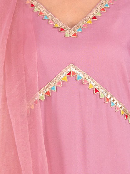 Golden kite Women's Rayon Solid Key Hole Neck Full Length Kurti Palazao and Dupatta Set With Embellished Lace Detail