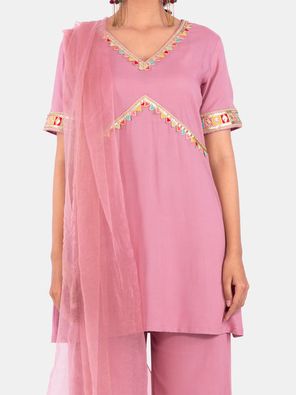 Golden kite Women's Rayon Solid Key Hole Neck Full Length Kurti Palazao and Dupatta Set With Embellished Lace Detail