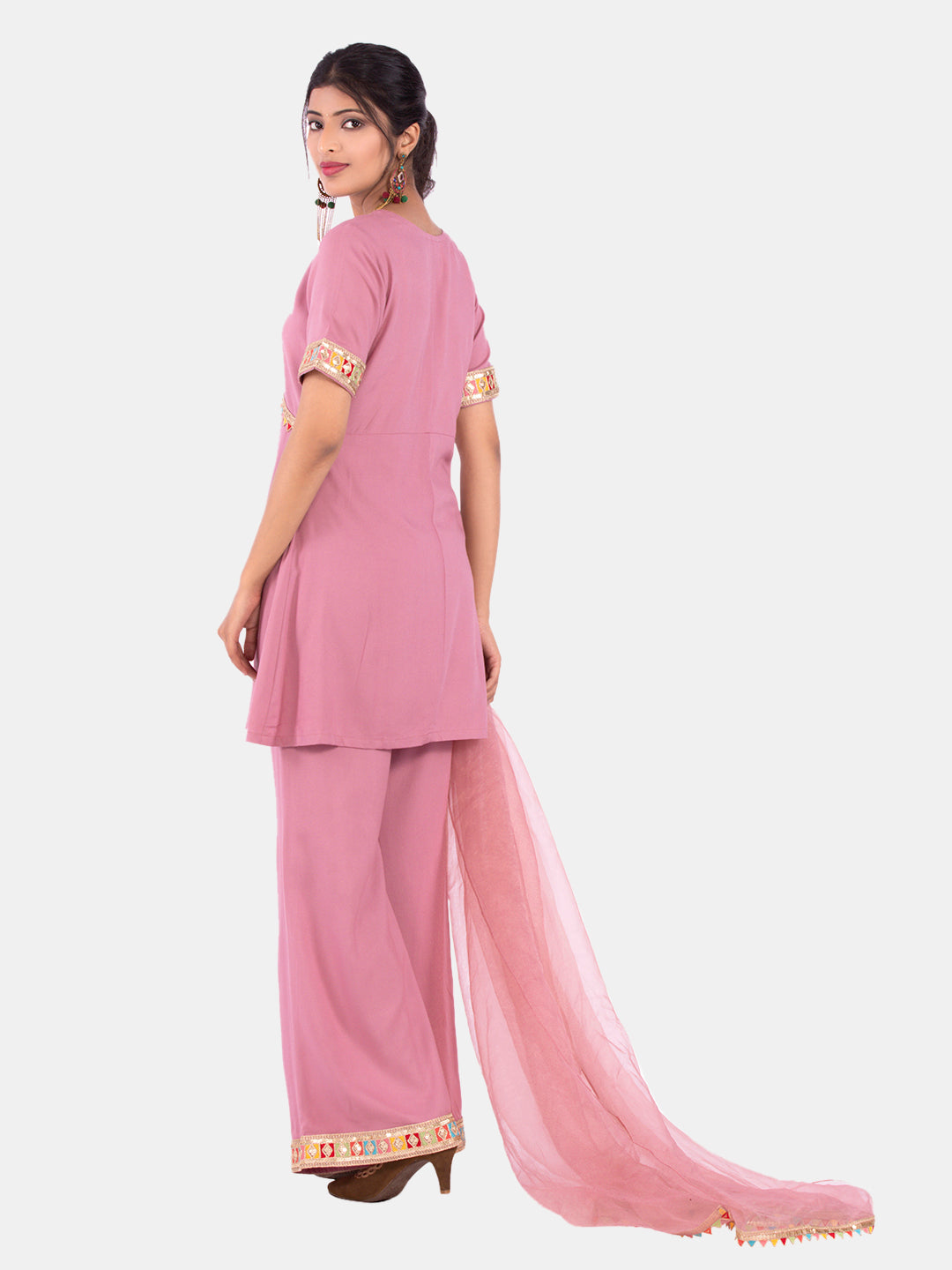 Golden kite Women's Rayon Solid Key Hole Neck Full Length Kurti Palazao and Dupatta Set With Embellished Lace Detail