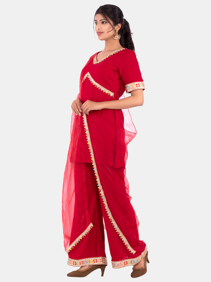 Golden kite Women's Rayon Solid Key Hole Neck Full Length Kurti Palazao and Dupatta Set With Embellished Lace Detail