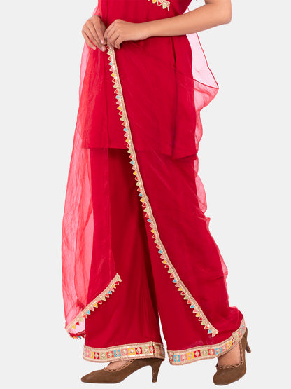 Golden kite Women's Rayon Solid Key Hole Neck Full Length Kurti Palazao and Dupatta Set With Embellished Lace Detail