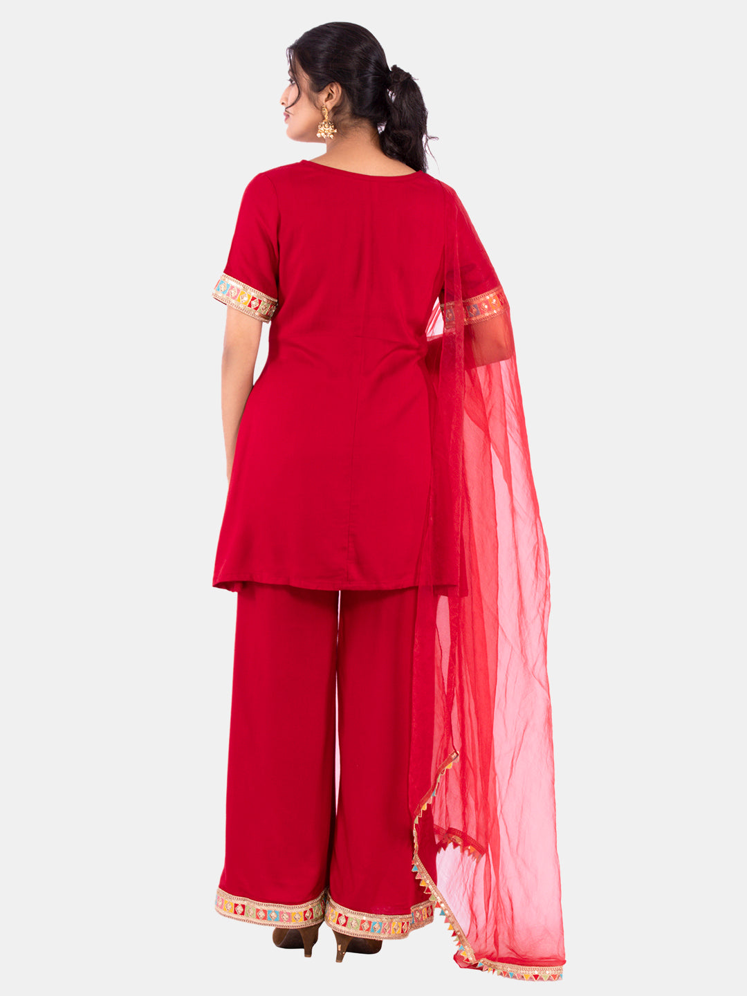 Golden kite Women's Rayon Solid Key Hole Neck Full Length Kurti Palazao and Dupatta Set With Embellished Lace Detail