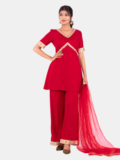 Golden kite Women's Rayon Solid Key Hole Neck Full Length Kurti Palazao and Dupatta Set With Embellished Lace Detail