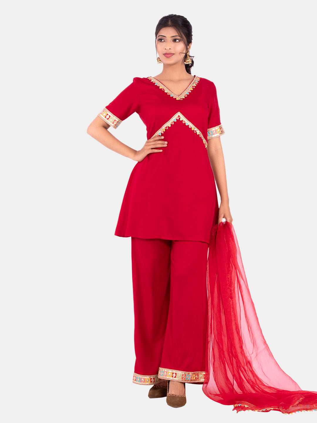 Golden kite Women's Rayon Solid Key Hole Neck Full Length Kurti Palazao and Dupatta Set With Embellished Lace Detail