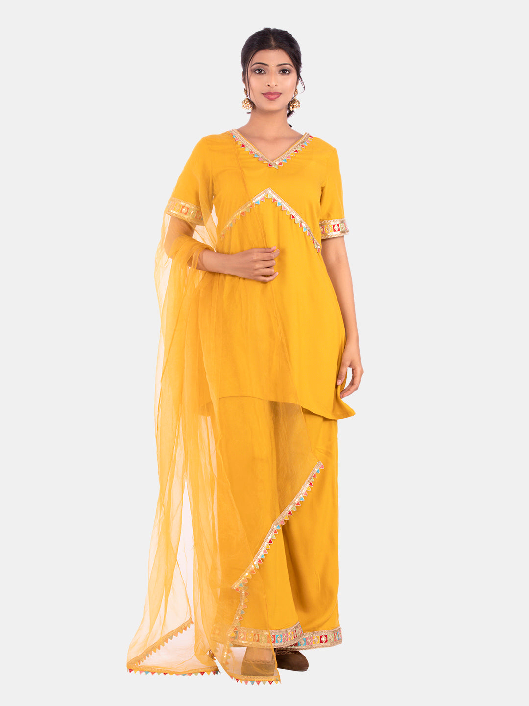 Golden kite Women's Rayon Solid Key Hole Neck Full Length Kurti Palazao and Dupatta Set With Embellished Lace Detail