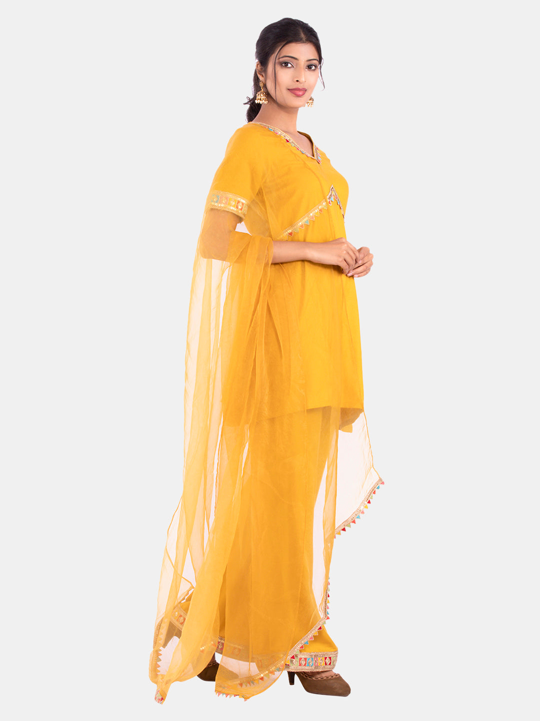 Golden kite Women's Rayon Solid Key Hole Neck Full Length Kurti Palazao and Dupatta Set With Embellished Lace Detail