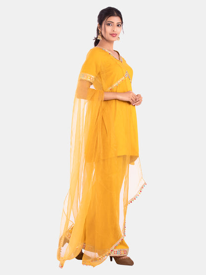 Golden kite Women's Rayon Solid Key Hole Neck Full Length Kurti Palazao and Dupatta Set With Embellished Lace Detail