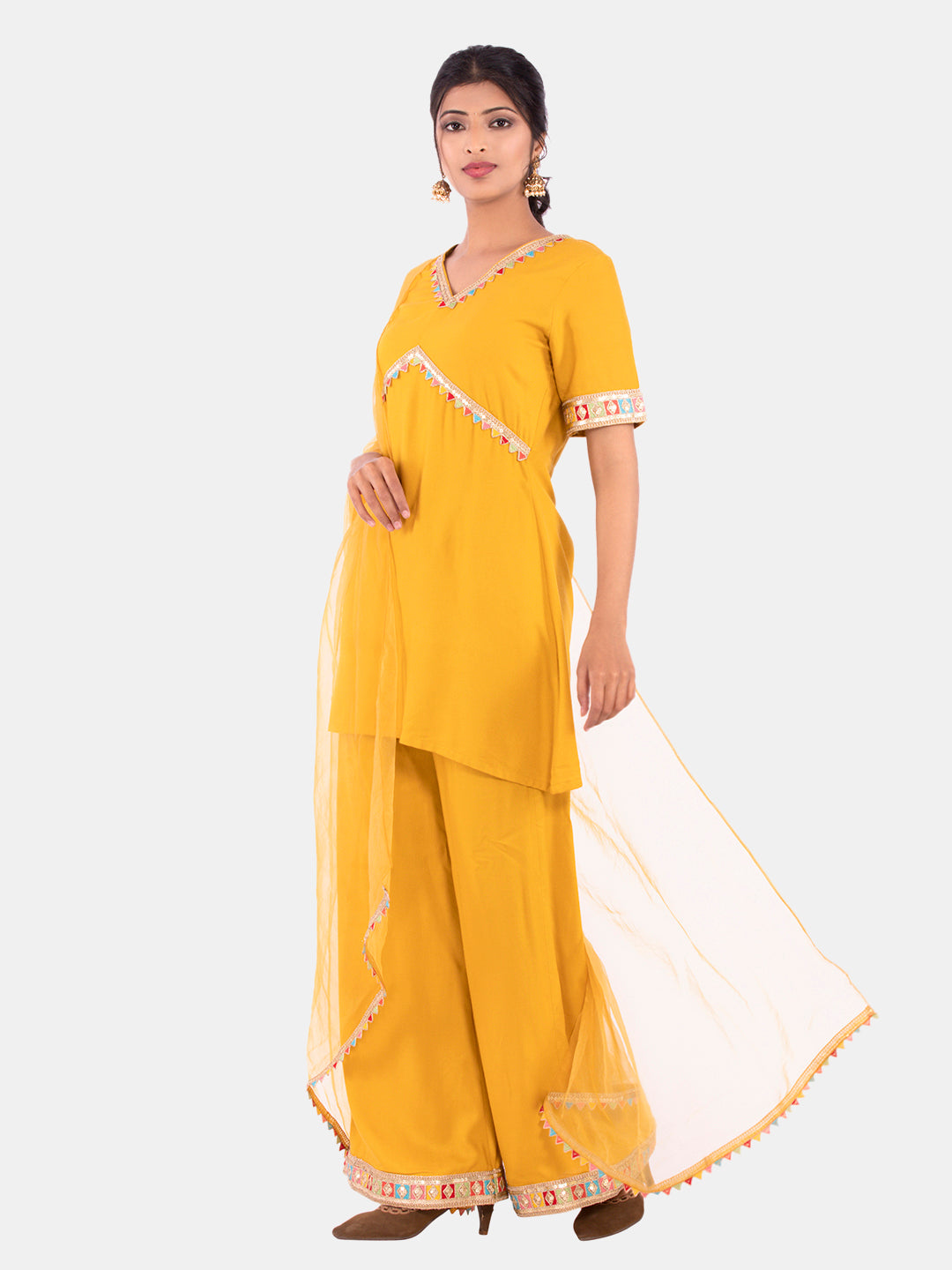 Golden kite Women's Rayon Solid Key Hole Neck Full Length Kurti Palazao and Dupatta Set With Embellished Lace Detail