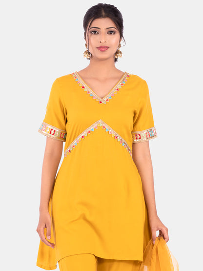 Golden kite Women's Rayon Solid Key Hole Neck Full Length Kurti Palazao and Dupatta Set With Embellished Lace Detail