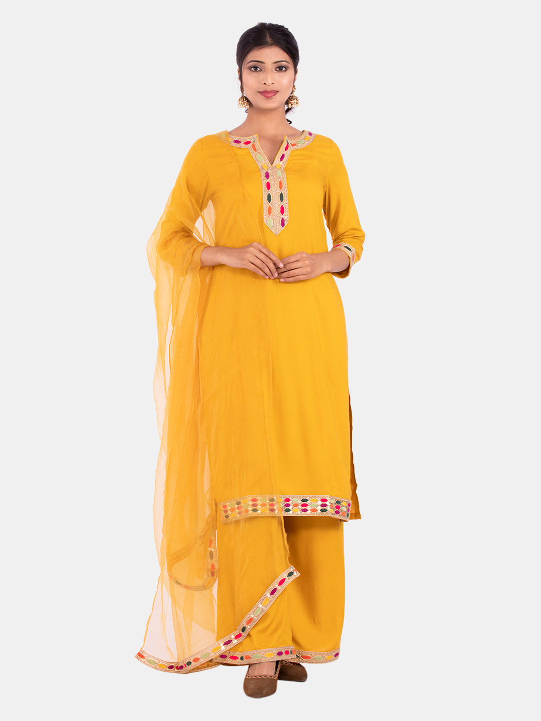 Golden kite Women's Rayon Solid Key Hole Neck Full Length Kurti Palazao and Dupatta Set With Embellished Lace Detail
