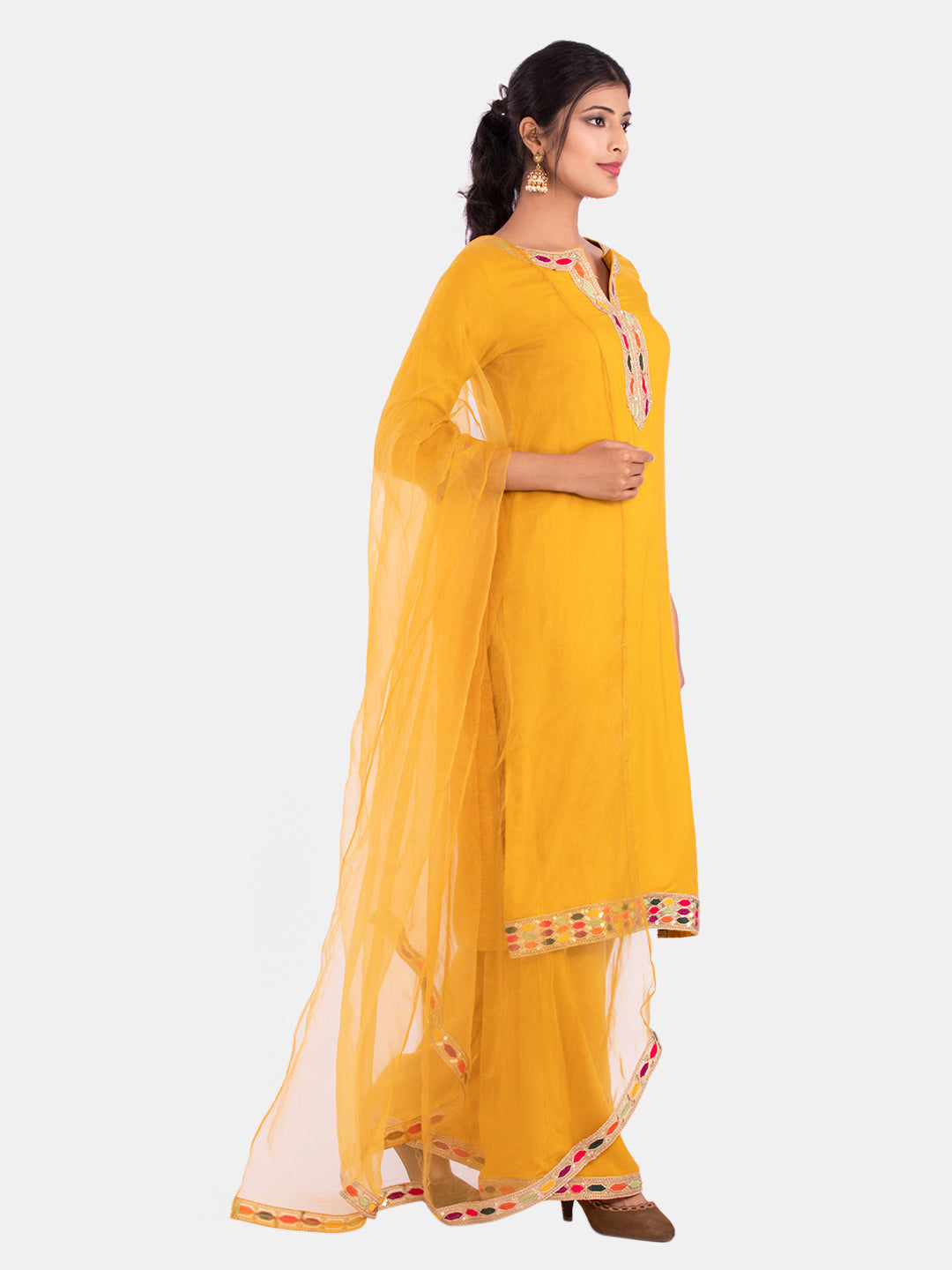 Golden kite Women's Rayon Solid Key Hole Neck Full Length Kurti Palazao and Dupatta Set With Embellished Lace Detail