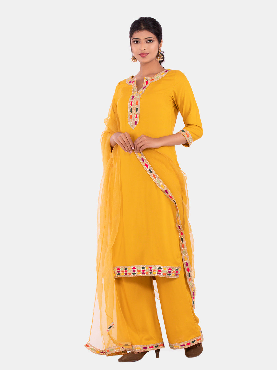 Golden kite Women's Rayon Solid Key Hole Neck Full Length Kurti Palazao and Dupatta Set With Embellished Lace Detail