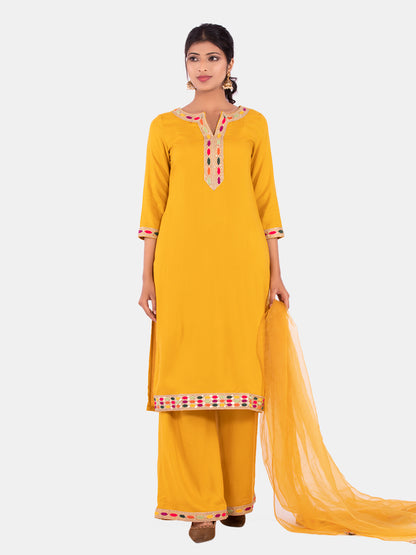 Golden kite Women's Rayon Solid Key Hole Neck Full Length Kurti Palazao and Dupatta Set With Embellished Lace Detail