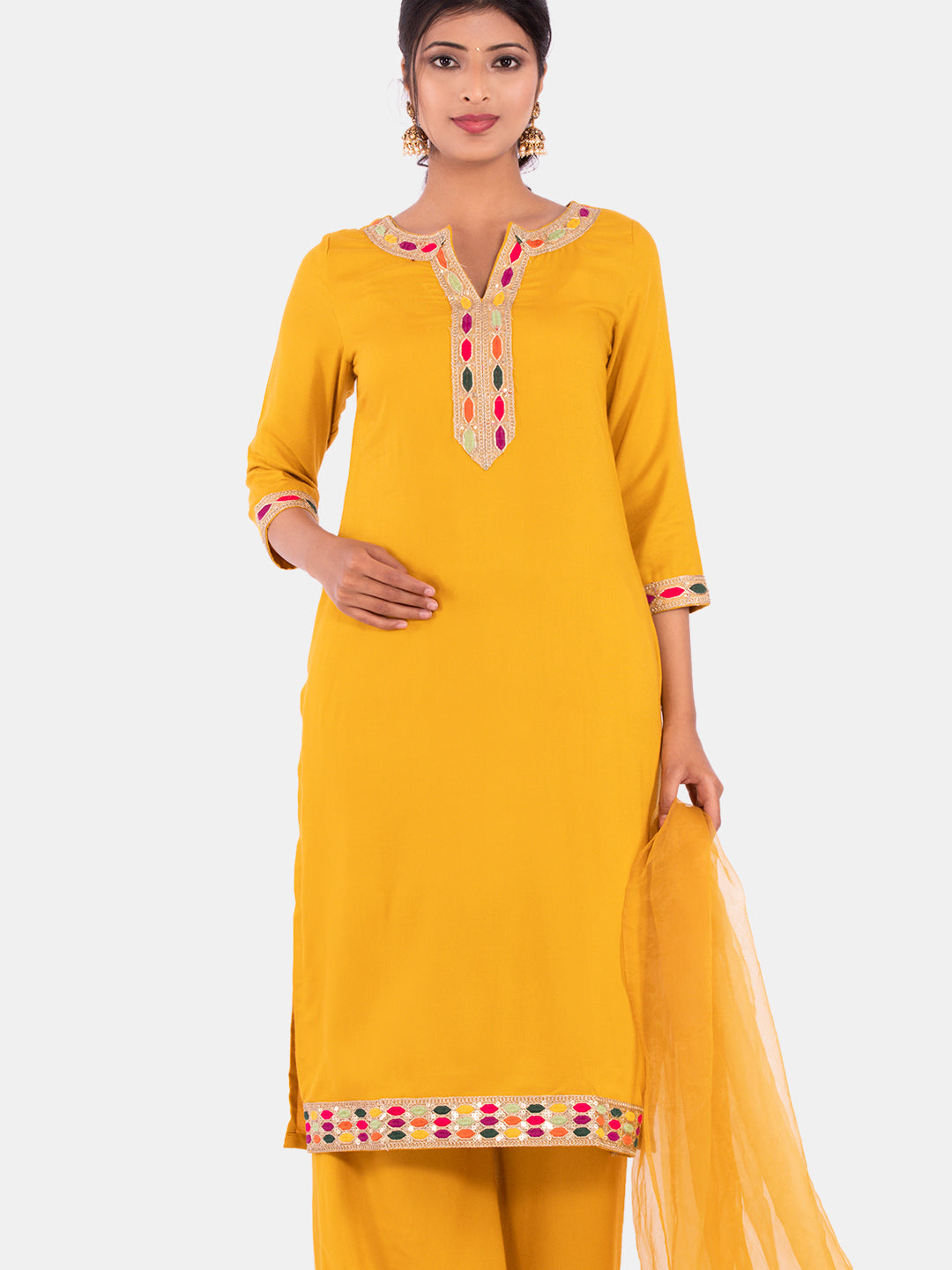 Golden kite Women's Rayon Solid Key Hole Neck Full Length Kurti Palazao and Dupatta Set With Embellished Lace Detail