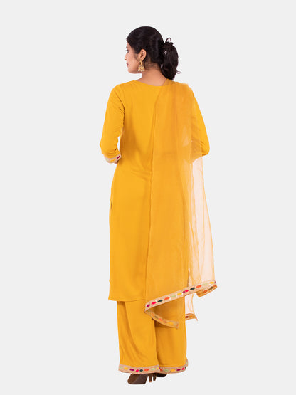 Golden kite Women's Rayon Solid Key Hole Neck Full Length Kurti Palazao and Dupatta Set With Embellished Lace Detail