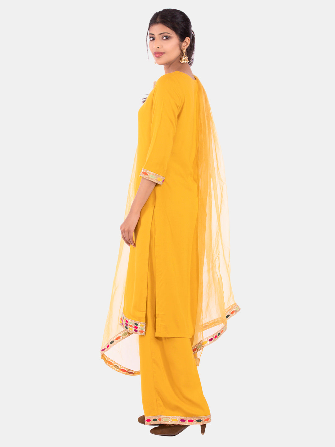 Golden kite Women's Rayon Solid Key Hole Neck Full Length Kurti Palazao and Dupatta Set With Embellished Lace Detail