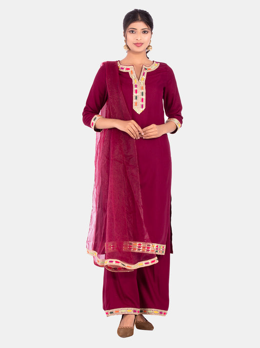 Golden kite Women's Rayon Solid Key Hole Neck Full Length Kurti Palazao and Dupatta Set With Embellished Lace Detail