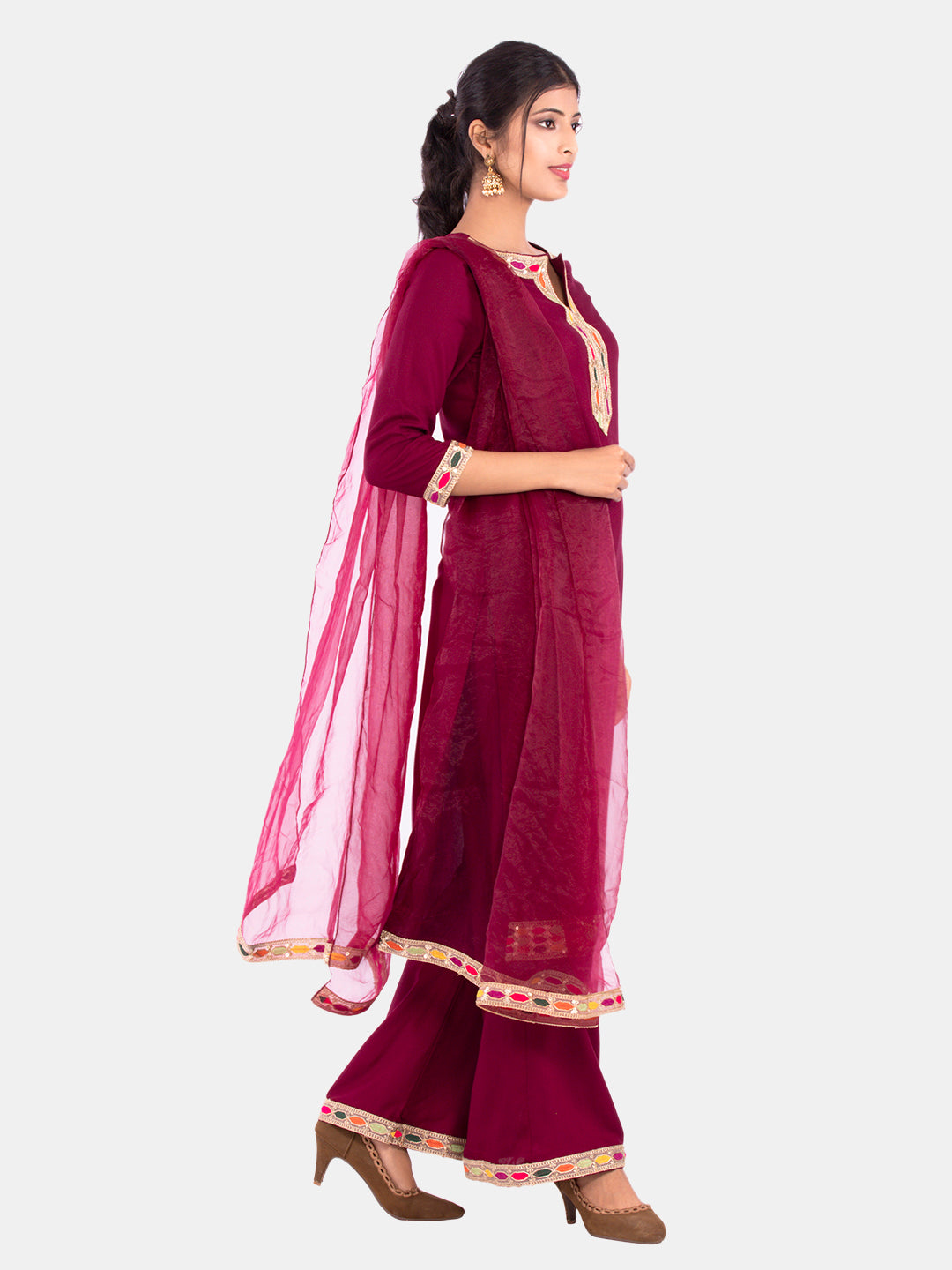 Golden kite Women's Rayon Solid Key Hole Neck Full Length Kurti Palazao and Dupatta Set With Embellished Lace Detail