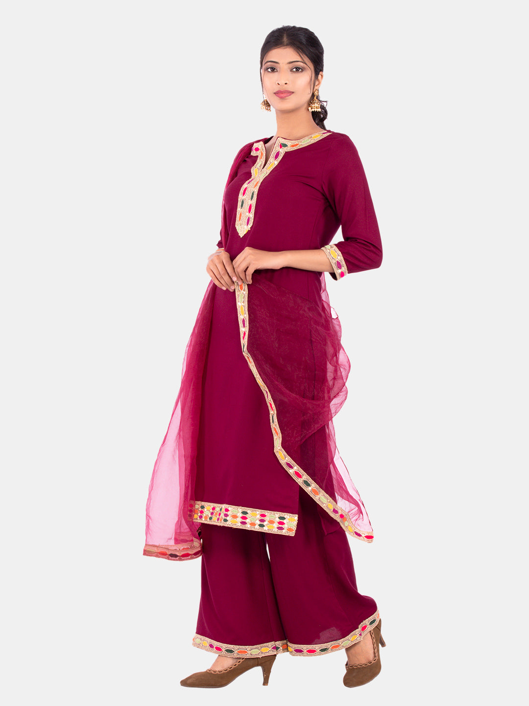 Golden kite Women's Rayon Solid Key Hole Neck Full Length Kurti Palazao and Dupatta Set With Embellished Lace Detail